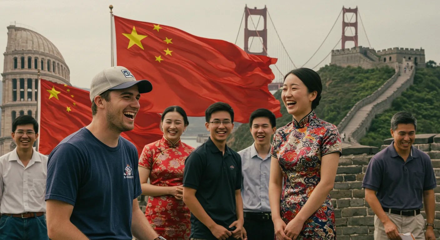 A graphic depicting a group of people learning Mandarin, with RedNote icons in the background.