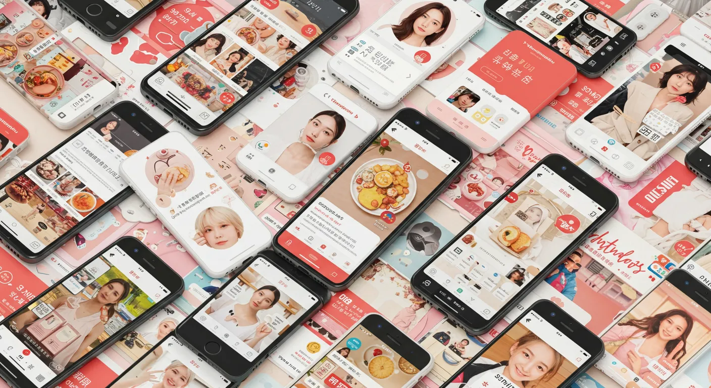 A visually appealing collage of Xiaohongshu (RedNote) screenshots, showcasing diverse content and features.